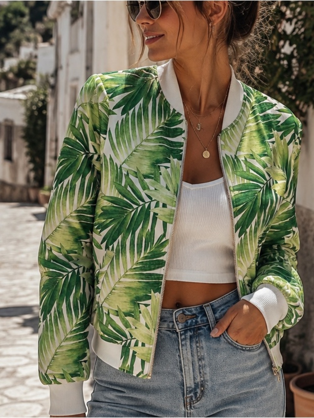 Forever 21 Tropical Palm Leaf Bomber Jacket Green White Size S